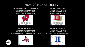 Four 2025-26 NCAA hockey champions: Wisconsin, Denver, Wisconsin-River Falls, and Hamilton.