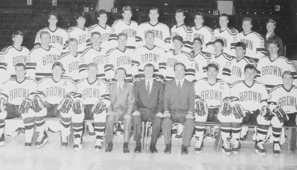 Black and white team photo of the 1990-91 Brown Bears.