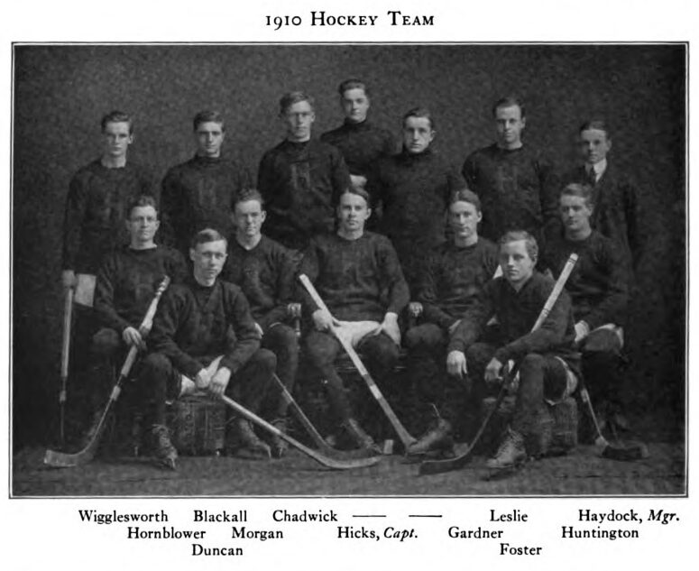 Team photo of the 1909-10 Harvard men's hockey team.
