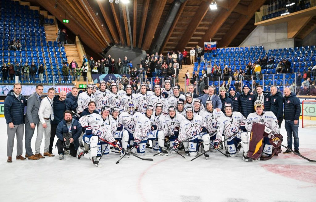 The 2025 U.S. Collegiate Selects team that competed in the Spengler Cup.